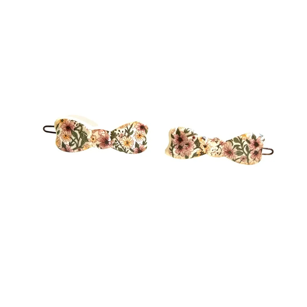 Vintage Made France Hair Barrettes Pair Bow Clips Pearl Sheen Cream Tige Boule